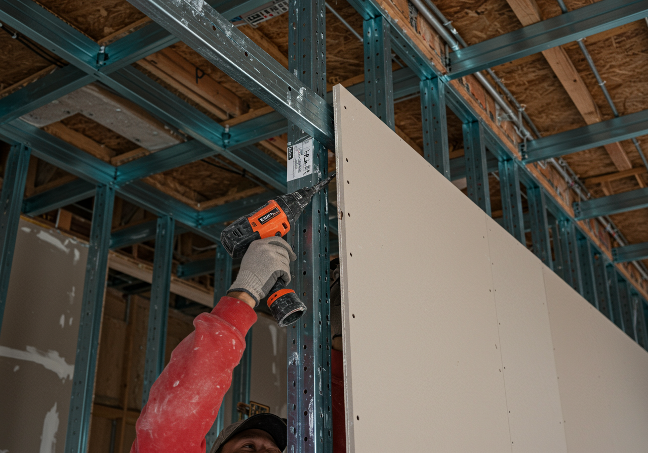 Drywall installation on steel studs